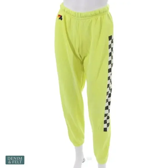 Aviator Nation Neon Yellow Checkered Stripe Sweatpants Jogger Retro Rare Small - Picture 7 of 16